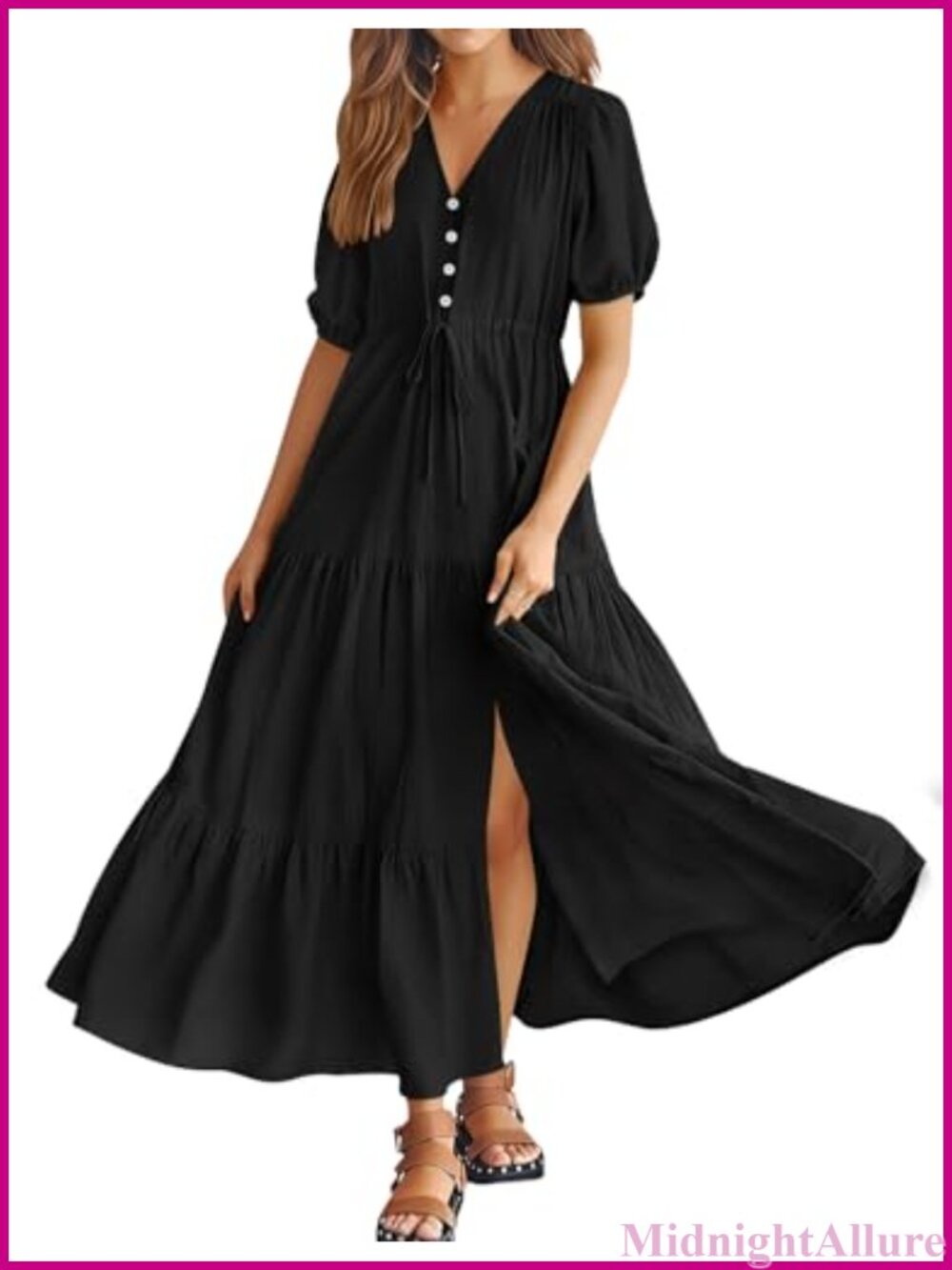 Boho Maxi Dress V Neck Puff Sleeve Tiered Flowy Casual Beach
